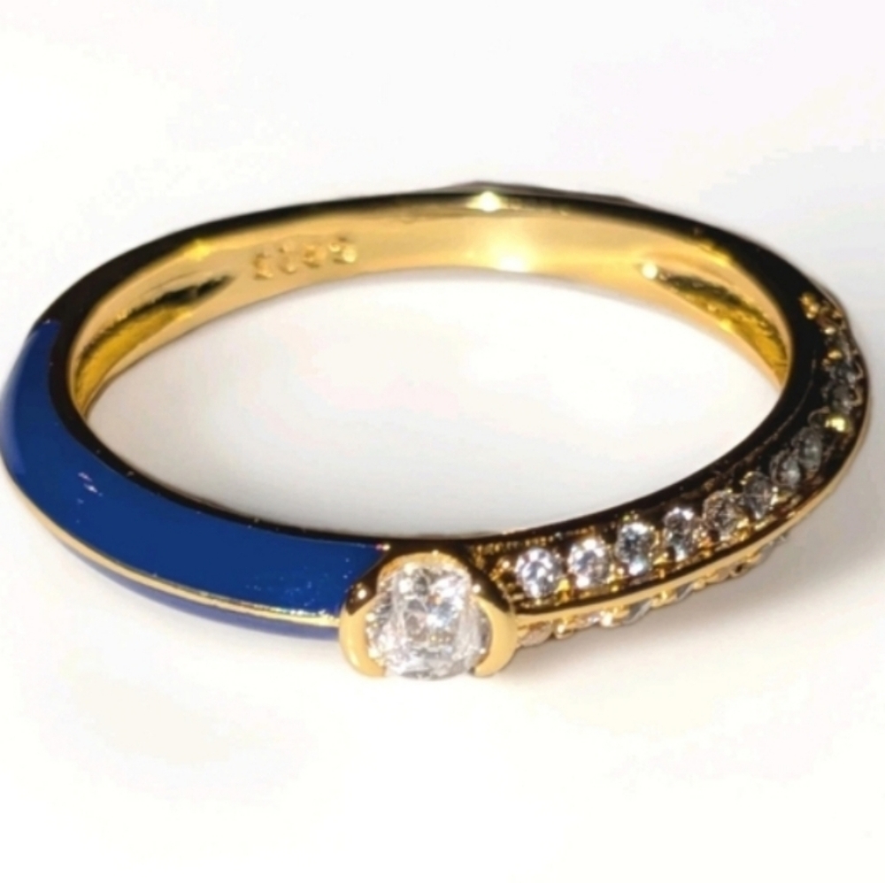 Womens 925 Sterling silver Pave Blue/Golden Dual Cubic Zirconia Dainty Ring Sz8